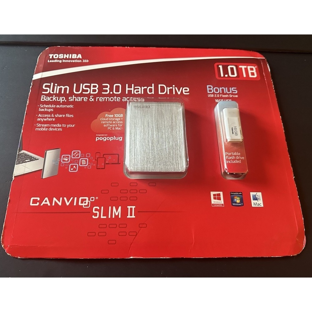 Toshiba Canvio Slim II 1.0 TB Portable Hard Drive/w Bonus 16GB USB Flash Drive